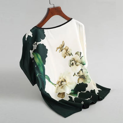 Fashion Floral Print Plus Size Satin Blouse