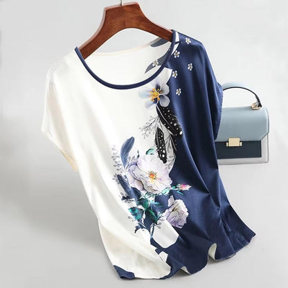 Fashion Floral Print Plus Size Satin Blouse