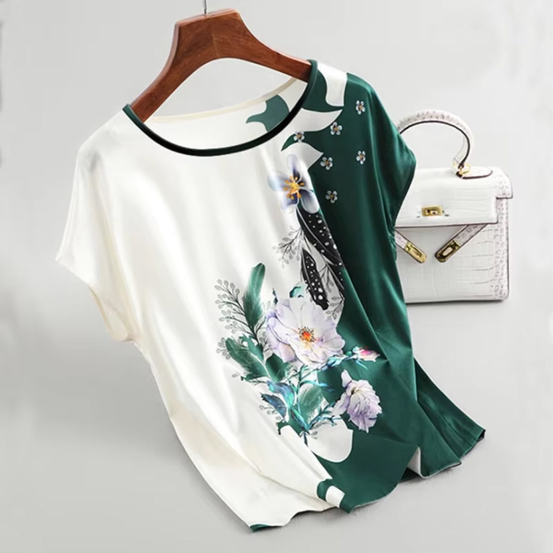 Fashion Floral Print Plus Size Satin Blouse