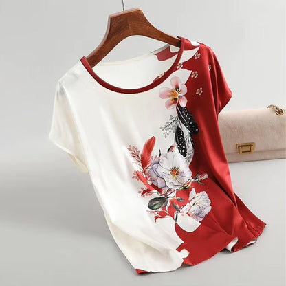 Fashion Floral Print Plus Size Satin Blouse