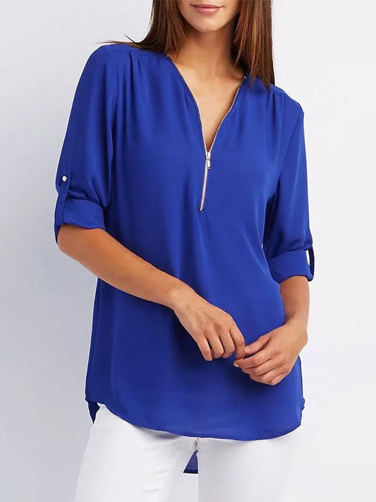 Summer Women’s V-Neck Chiffon Blouse with Zipper