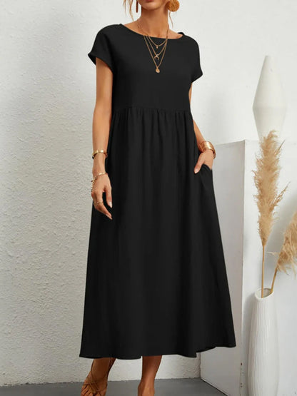 Elegant Maxi Dress Vintage Cotton Linen Sundress with Pocket